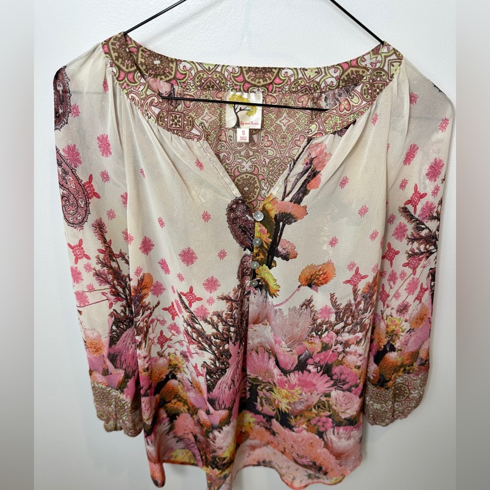 Fig and Flower Women’s Floral Paisley Peasant Blouse Size Small Boho Top